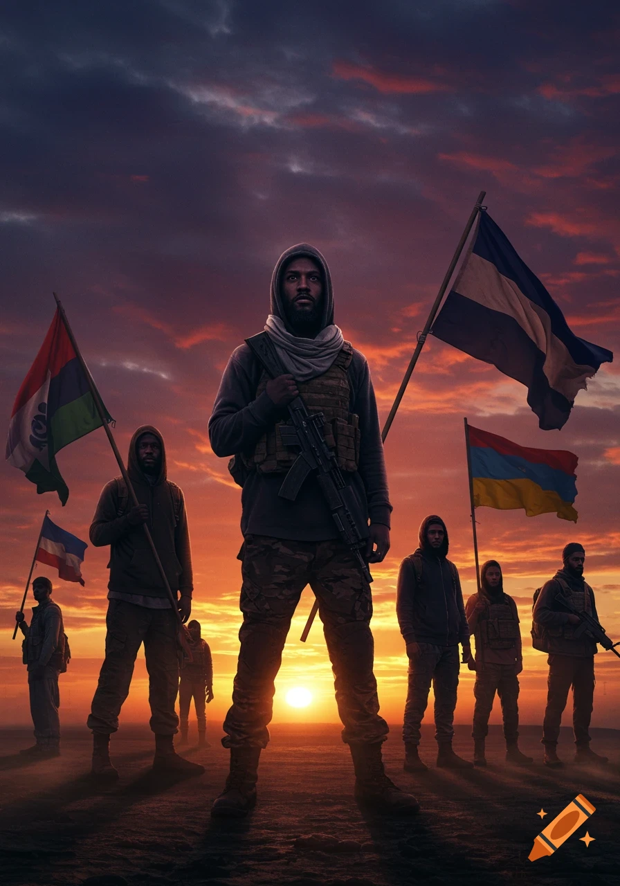 A group of armed citizen soldiers stand in a desert landscape with flags at a dramatic sunset.