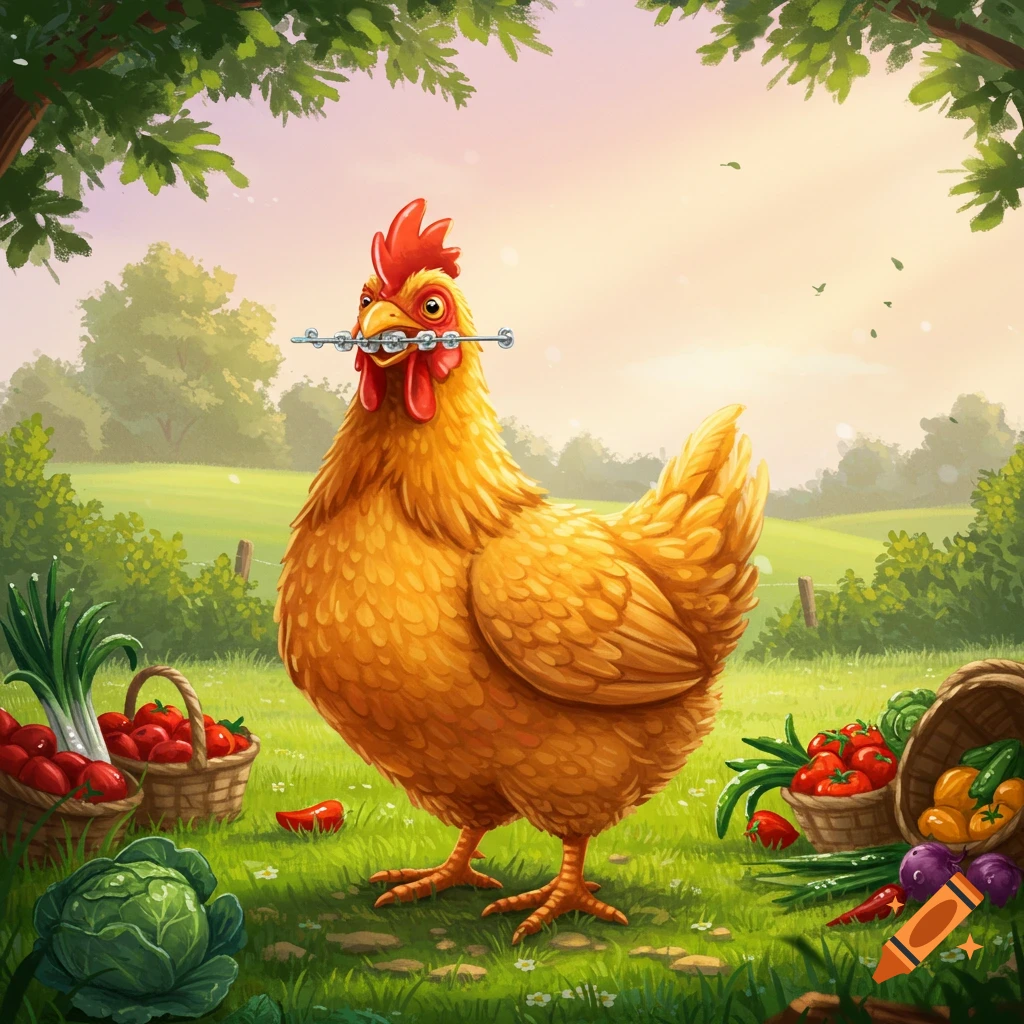 An illustrated golden chicken with braces on its beak stands in a green farm field surrounded by vegetables and trees.