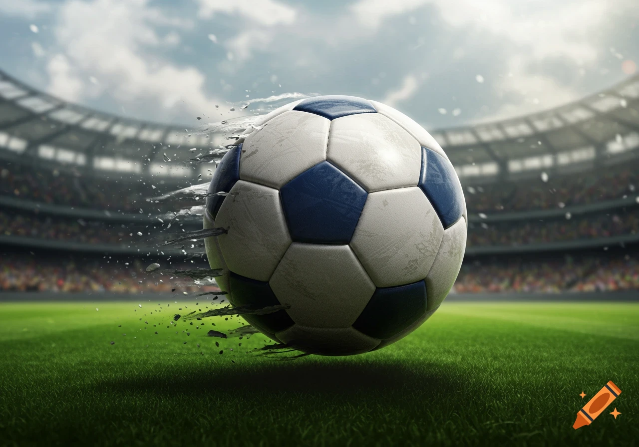 A soccer ball breaking apart mid-air on a green field in a stadium under a cloudy sky.