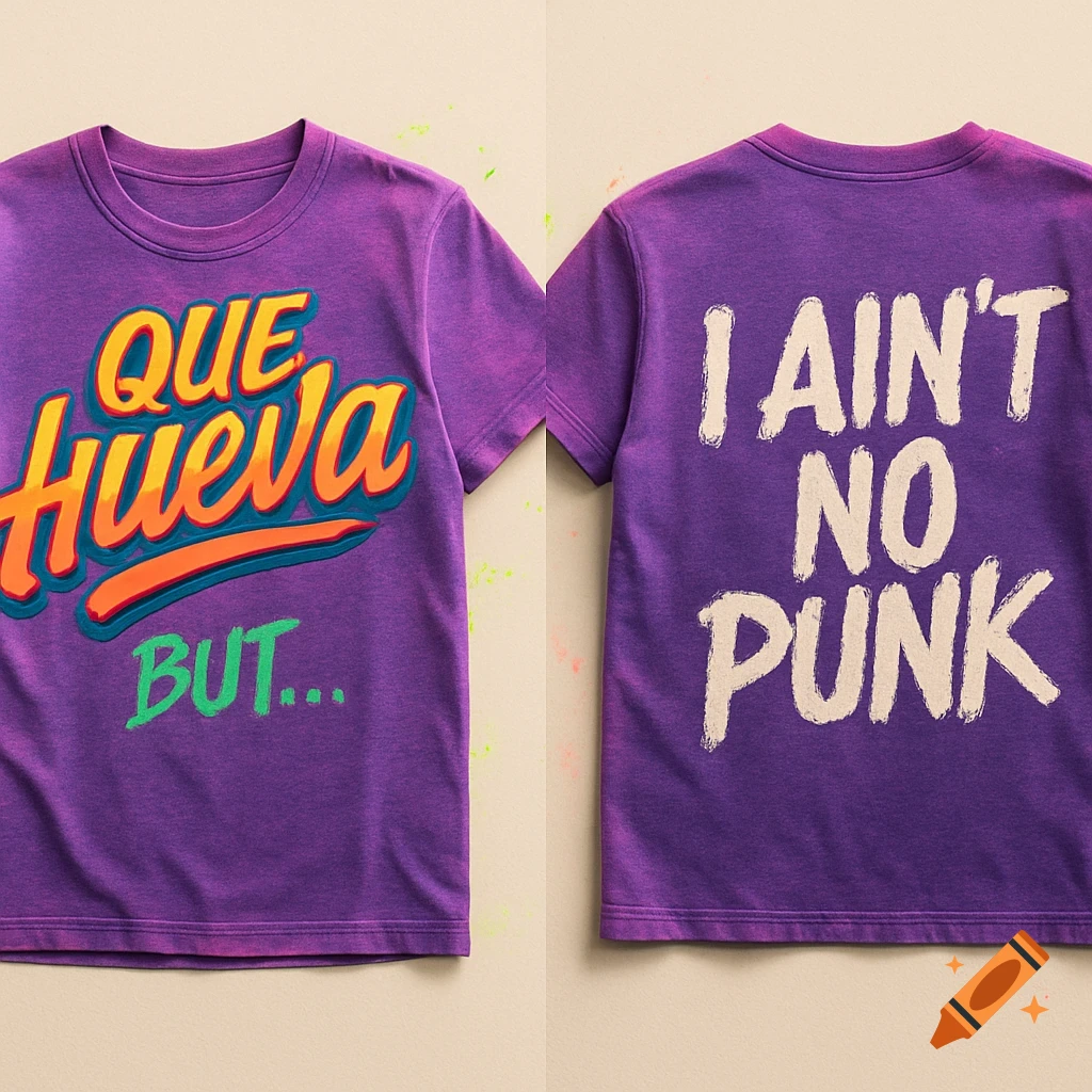 Two purple t-shirts displayed side-by-side. The front reads "QUE HUEVA BUT..." in orange, yellow, and green text. The back reads "I AIN'T NO PUNK" in white.