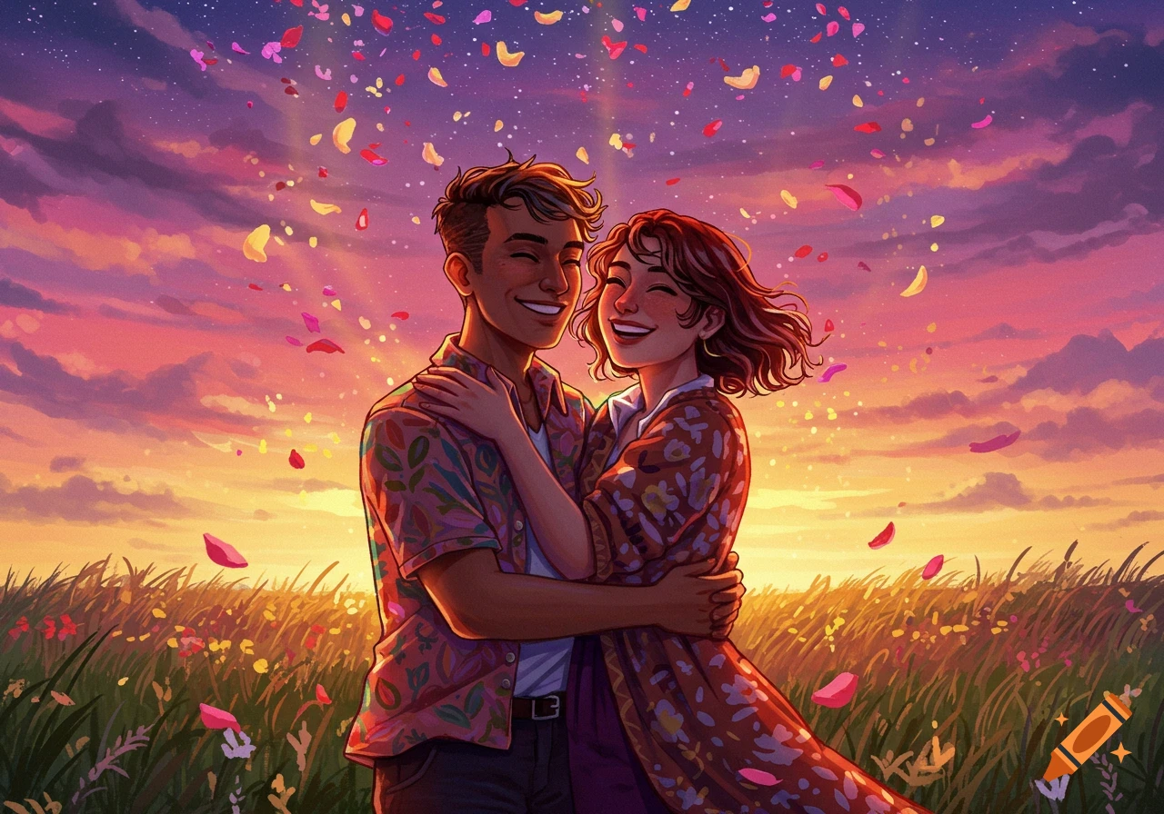 A smiling couple, a man and a woman, embrace in a vibrant field at sunset as flower petals fall around them, in an illustrative style.