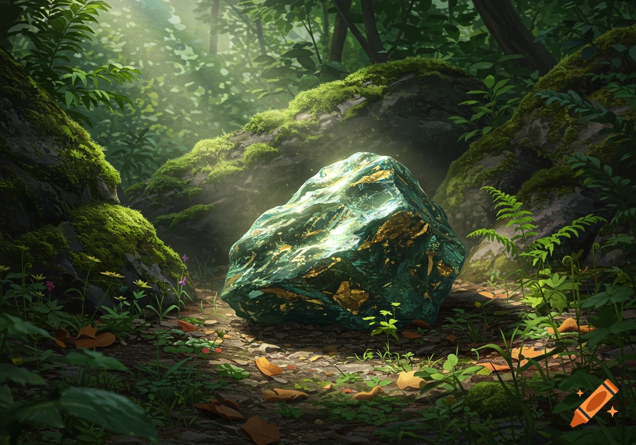 A large, glowing green and gold mineral ore sits on a path in a lush, mossy forest, illuminated by sunlight.