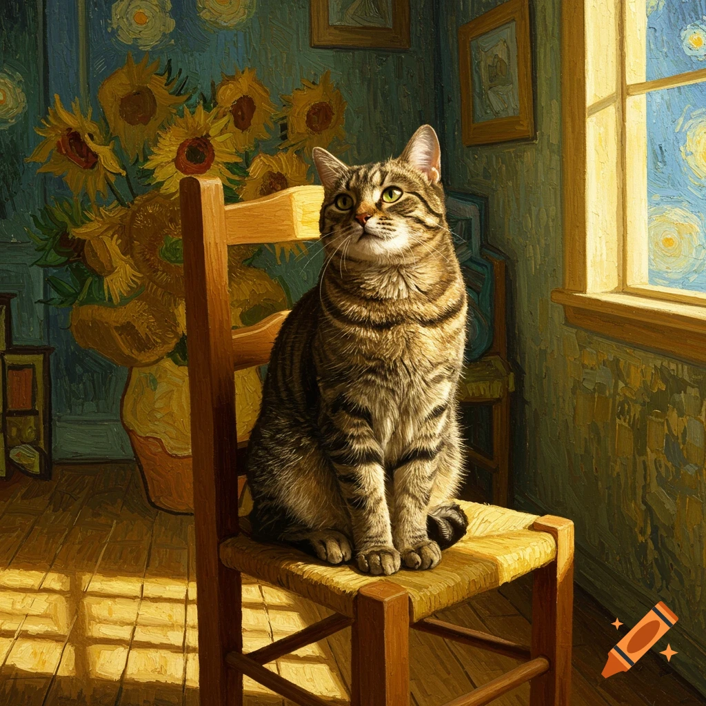 A tabby cat sits on a woven chair in a room painted in a vibrant Van Gogh style, featuring sunflowers and a starry window.