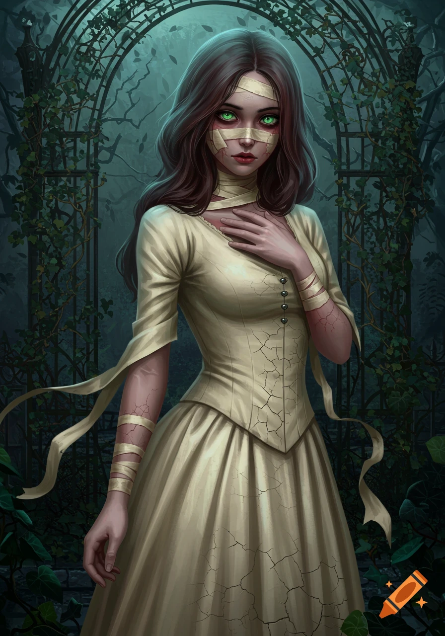 A digital painting of a zombie girl with bandages, glowing green eyes, and cracked skin, wearing a light dress in a gothic, overgrown setting.