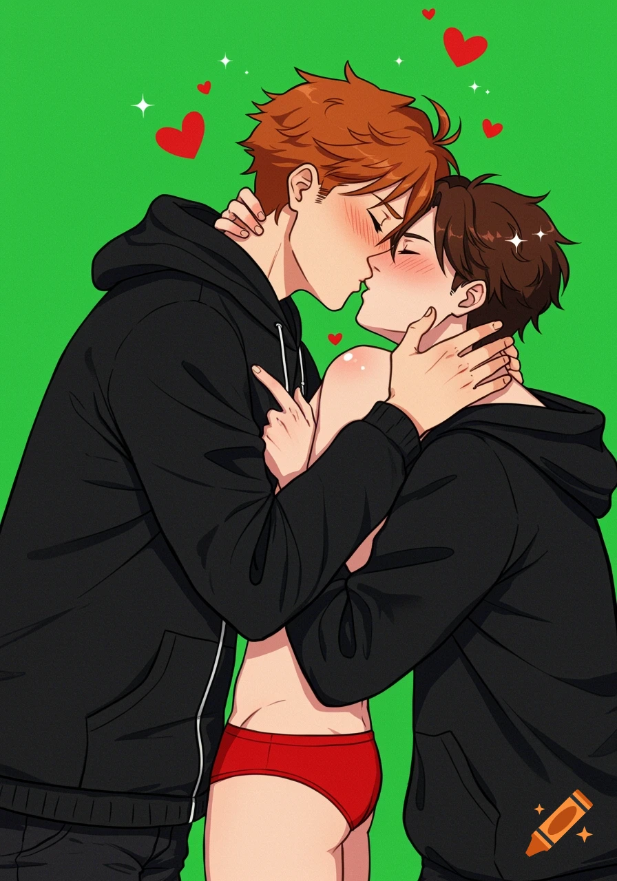 Two anime men kiss passionately, one in a black hoodie, the other in red briefs, on a green background with floating hearts.