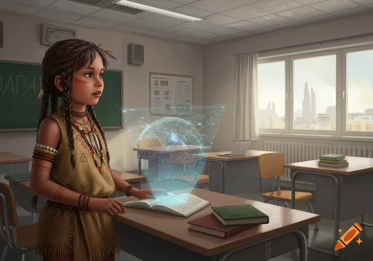 A young indigenous girl in traditional clothing interacts with a futuristic hologram in a classroom.