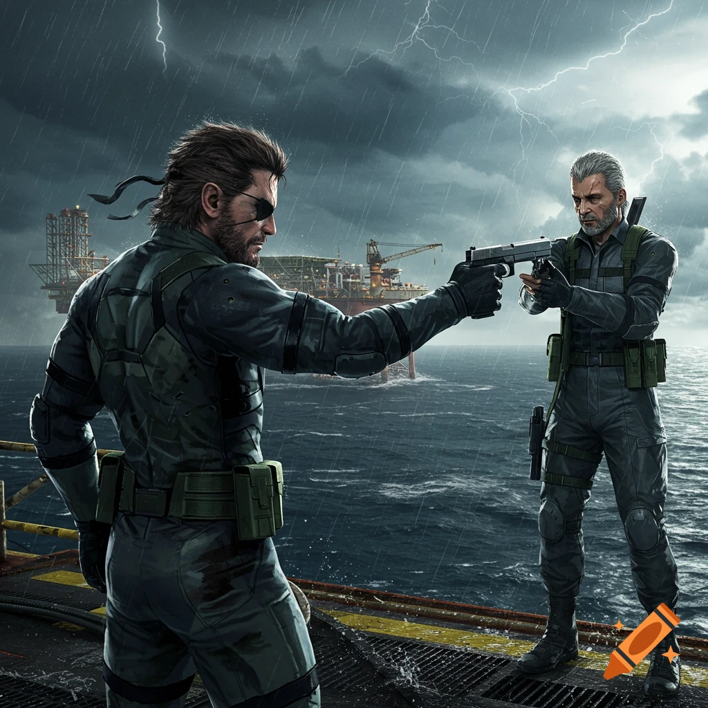 Solid Snake and Ocelot from Metal Gear Solid point pistols at each other on a stormy oil rig, stylized.