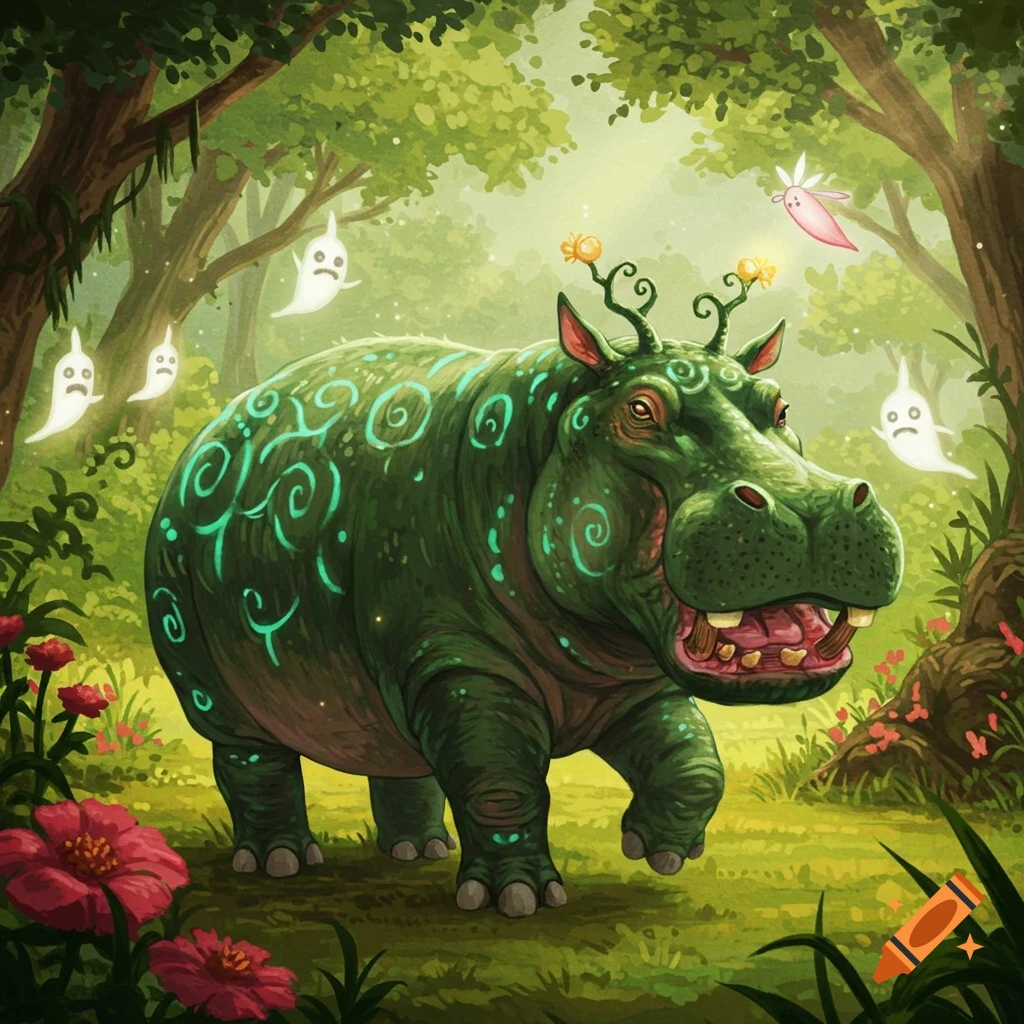 A snarling green eldritch hippo-like creature with glowing patterns and antlers in a lush Ghibli-style forest with white ghosts.