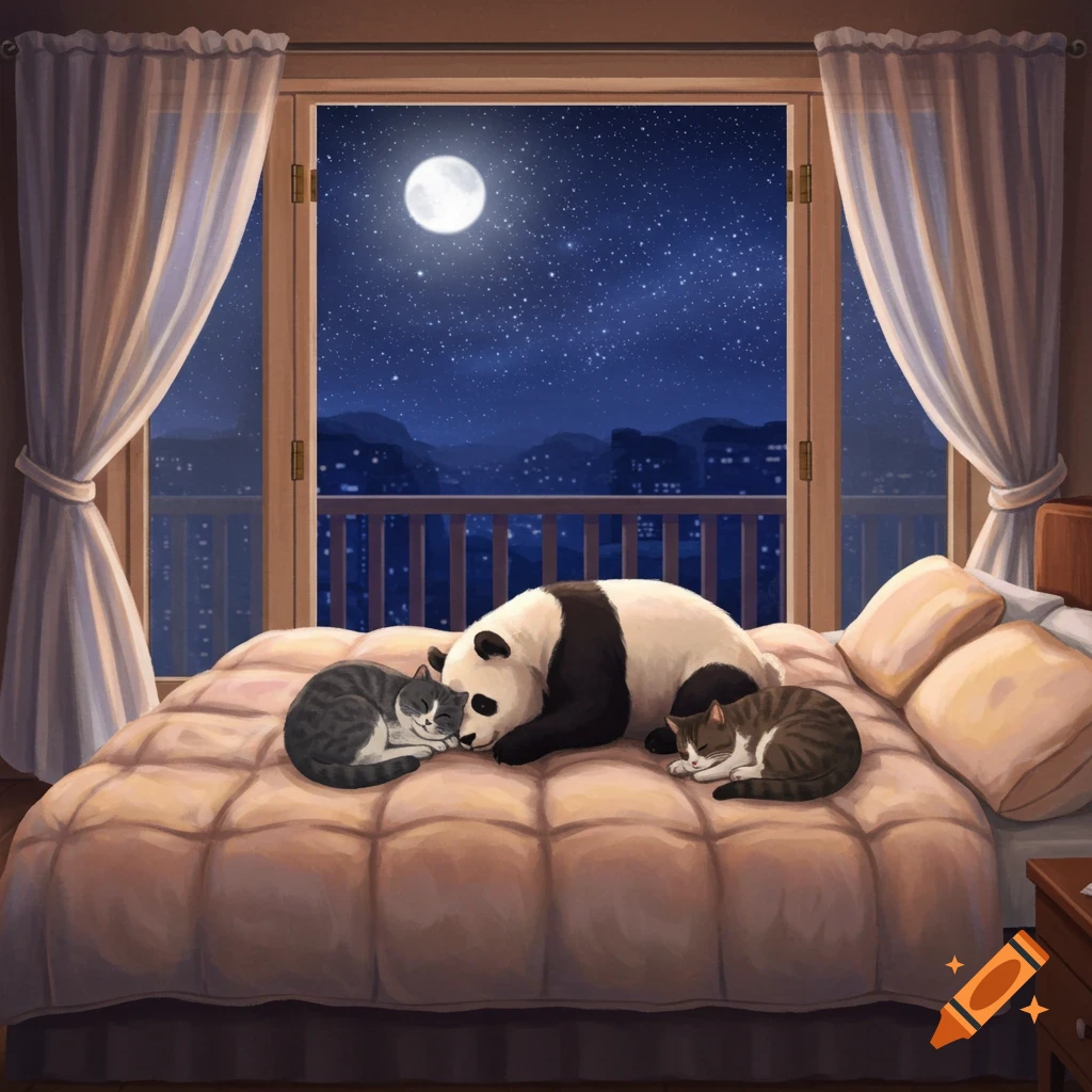 A sleeping panda and two cats on a bed in a cozy bedroom with balcony doors open to a starry night and full moon.