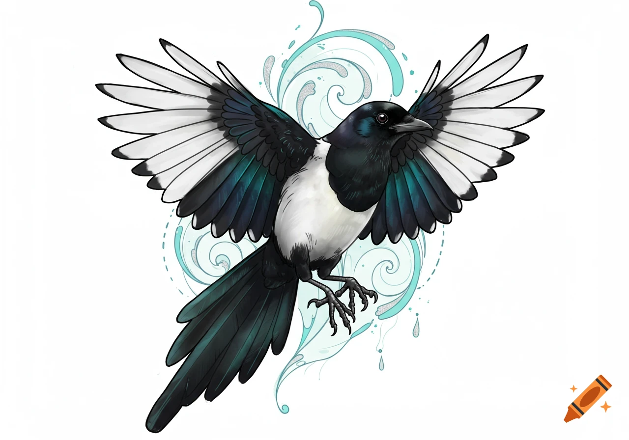 An illustrative tattoo design of a black and white Eurasian magpie with spread wings, featuring teal and white accents and stylized water swirls.
