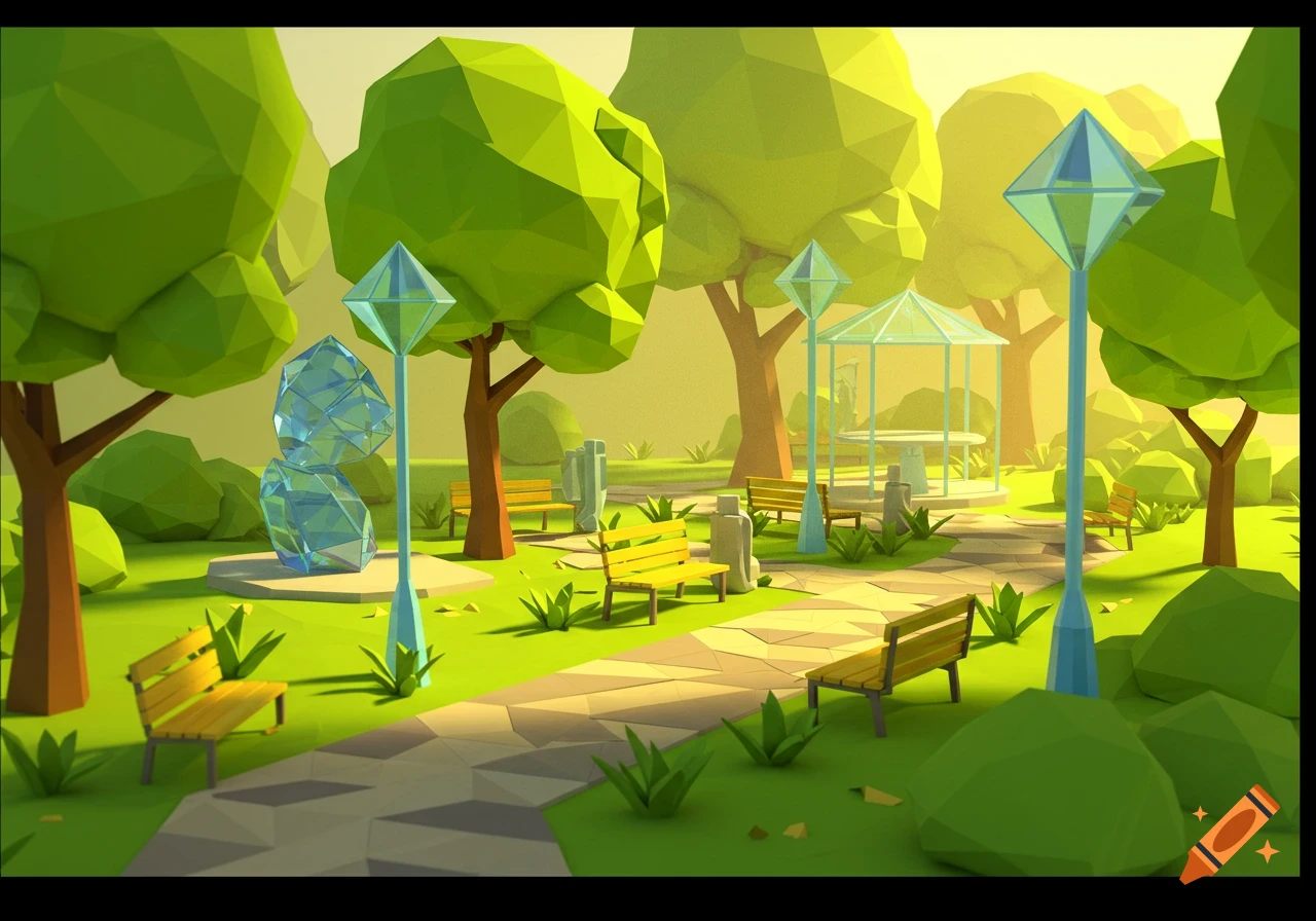 A vibrant low-poly mini park scene with green polygonal trees, yellow benches, a paved path, and crystal-like street lamps.
