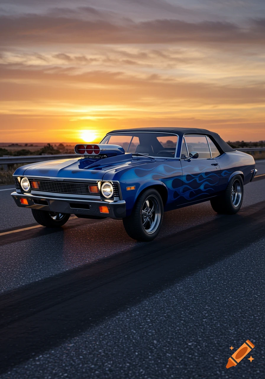 A blue 1972 Chevy Nova muscle car with blue flame decals and a hood scoop on a road at sunset.