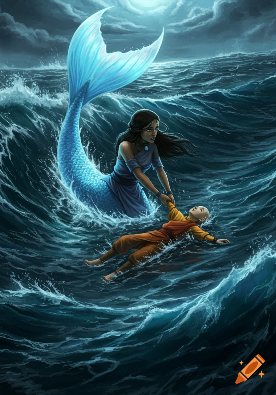 Mermaid Katara rescues an unconscious Aang from a stormy sea under dark clouds, digital art.
