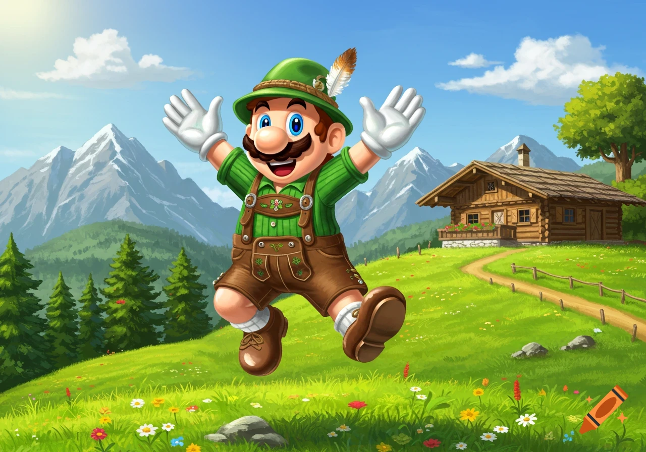 Super Mario in Bavarian attire, including lederhosen and a feathered hat, jumps happily in a vibrant alpine landscape.