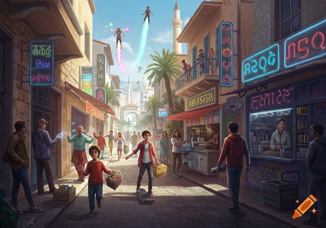 A vibrant street scene in a futuristic city, with people walking and some flying with colorful trails, passing by shops with neon signs.