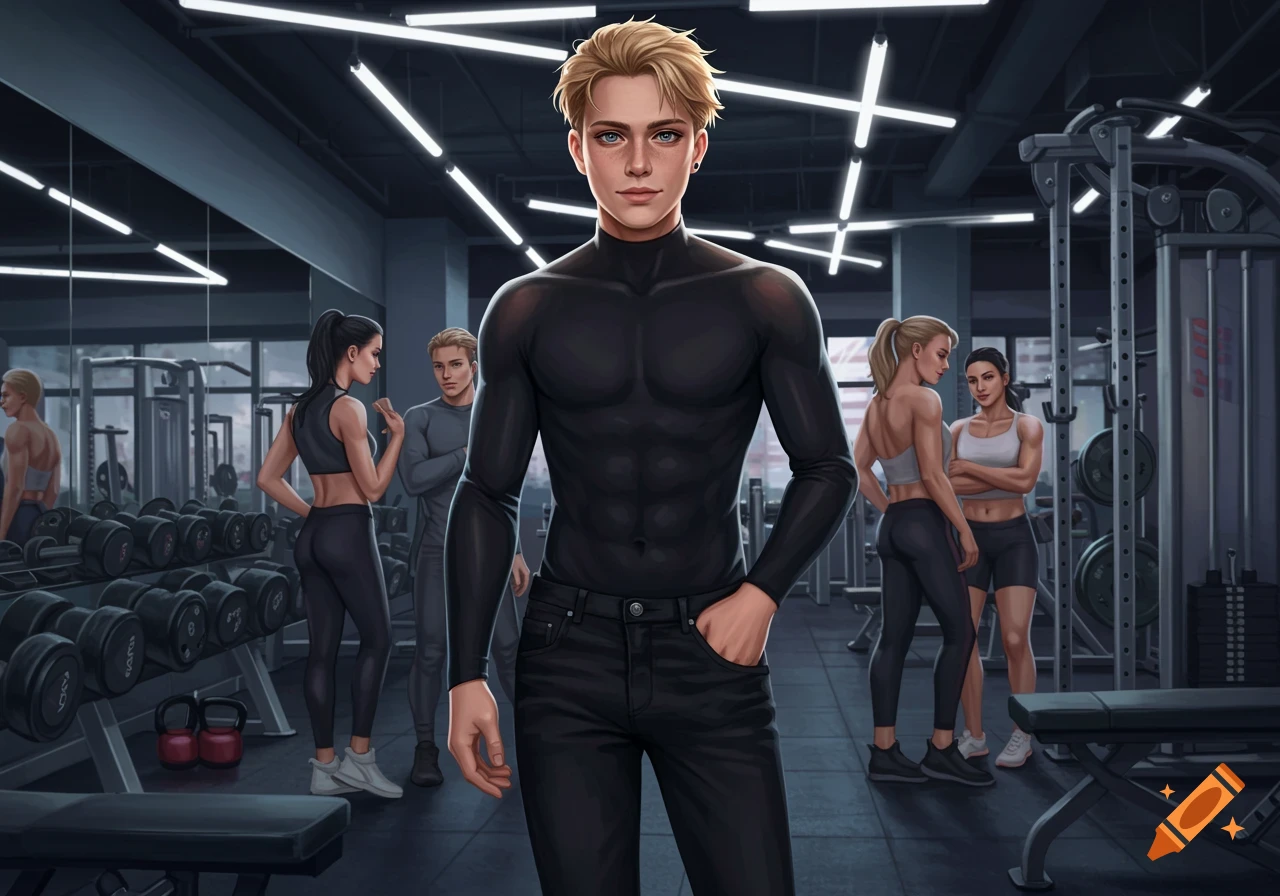 A digitally illustrated blonde man with freckles wearing a black turtleneck and jeans stands in a gym, with other gym-goers and equipment in the background.