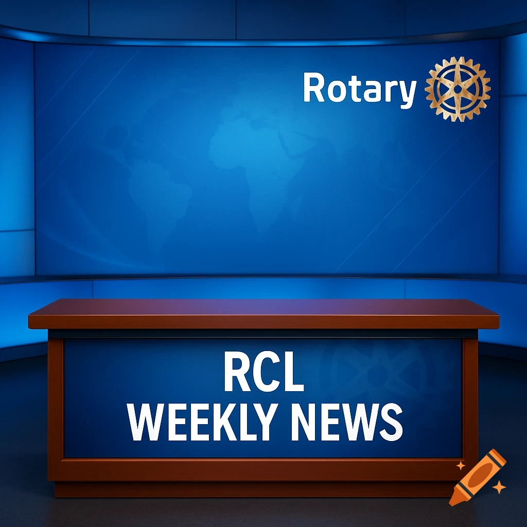 A blue-themed news studio background with a world map pattern on the screen. A polished wooden news desk in the foreground displays "RCL WEEKLY NEWS." The "Rotary" logo is at the top right of the background screen.
