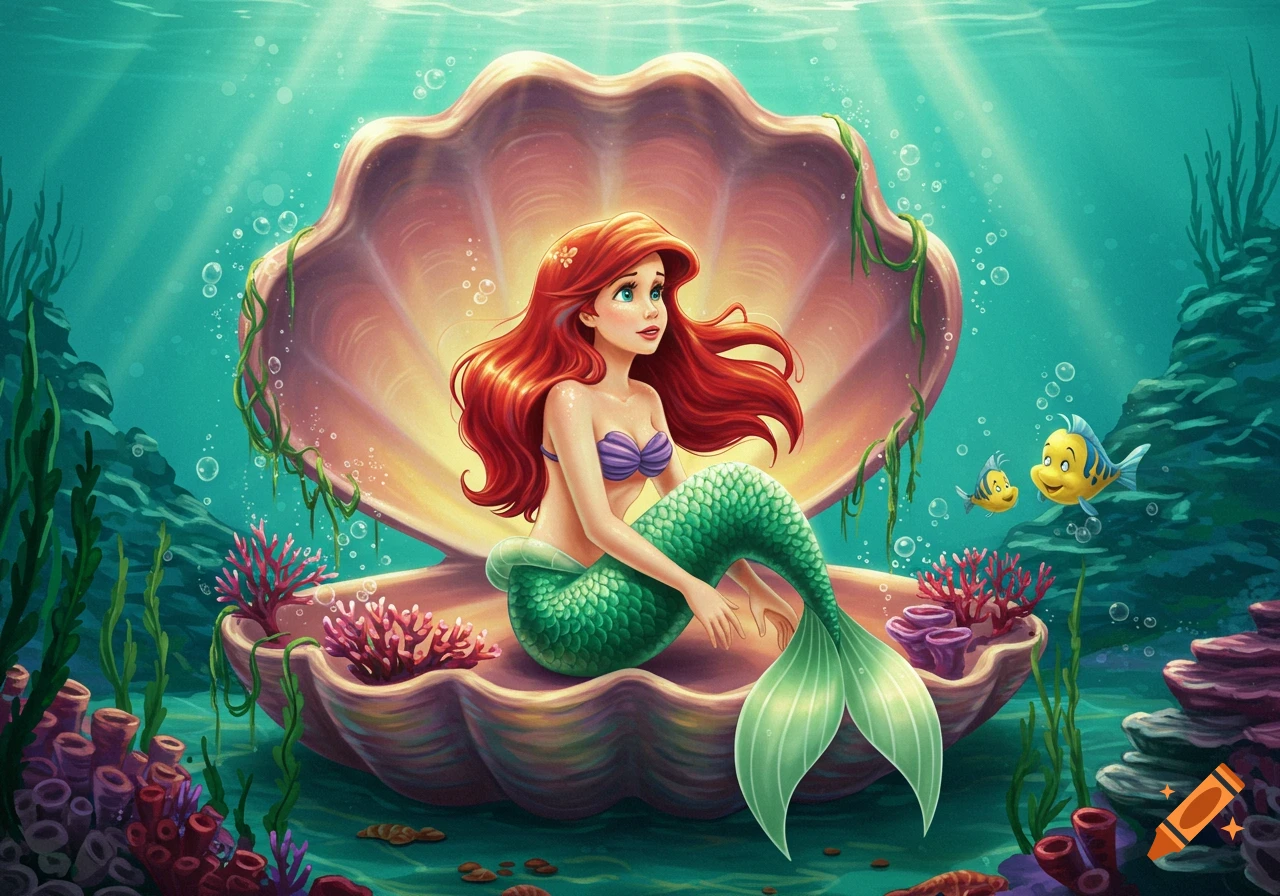 Cartoon illustration of Ariel the mermaid with red hair and green tail sitting in an open clamshell underwater with fish and coral.