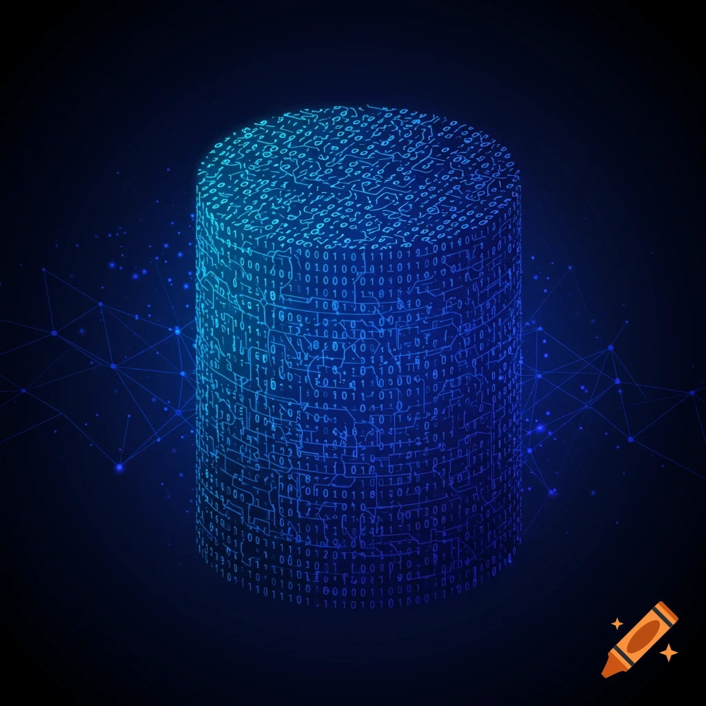Glowing blue cylinder of binary code on a dark background with connecting network lines, symbolizing a database.