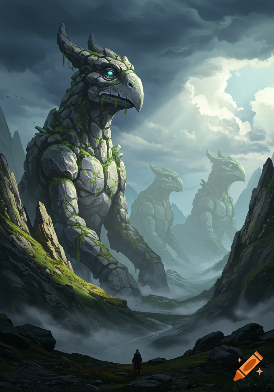 A lone figure stands in a misty mountain valley, looking up at three colossal, moss-covered rock creatures resembling birds.