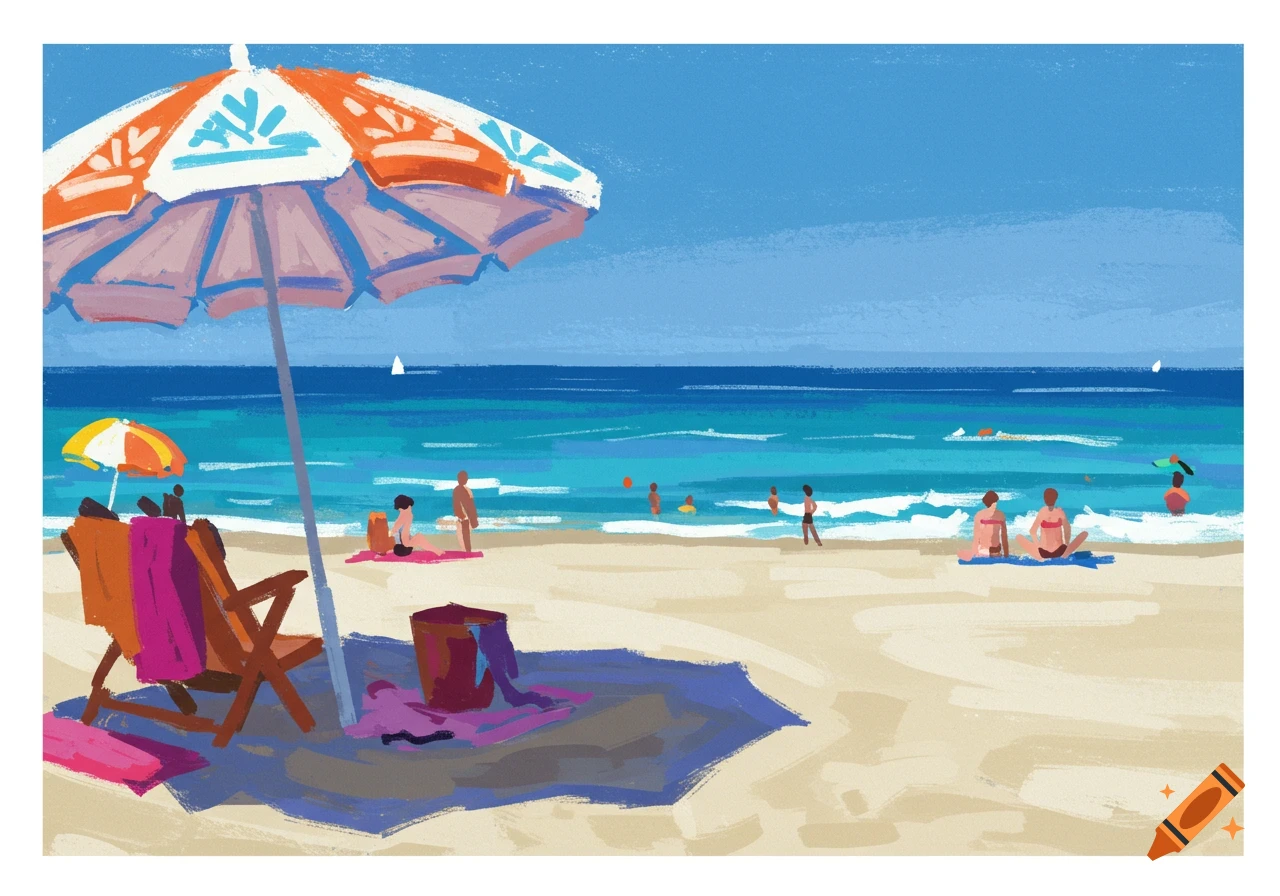 A colorful painting of a bustling beach scene with large umbrellas, people swimming and lounging on the sand in a Matisse-like style.