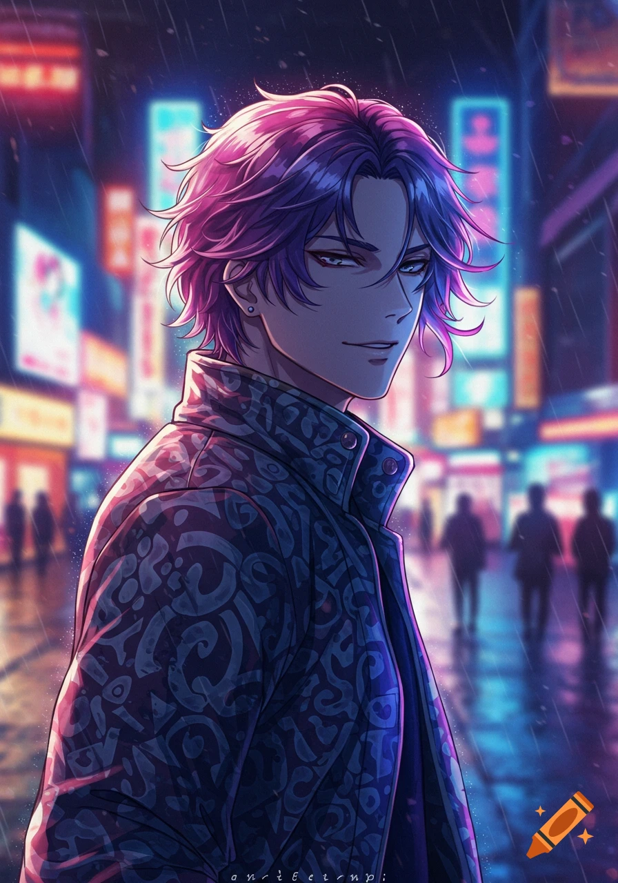 Anime man with purple hair in a patterned jacket smiles in a neon-lit rainy city street.