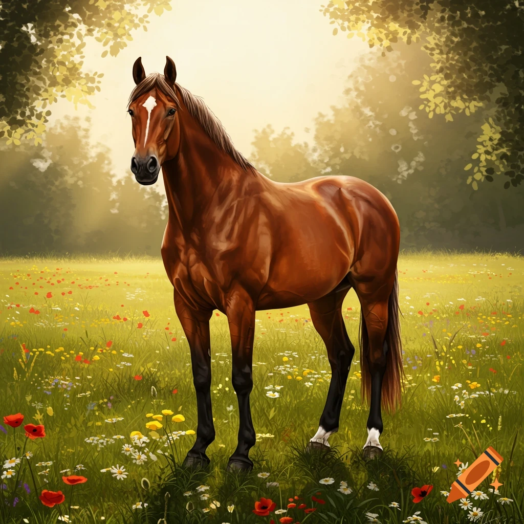 A brown horse stands in a sunny meadow filled with colorful wildflowers, with trees in the background.