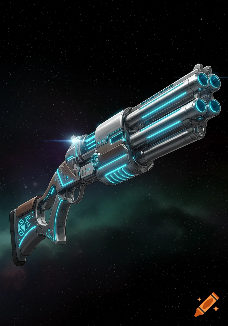 A futuristic, four-barreled shotgun with glowing blue neon accents and intricate designs, set against a starry space background.