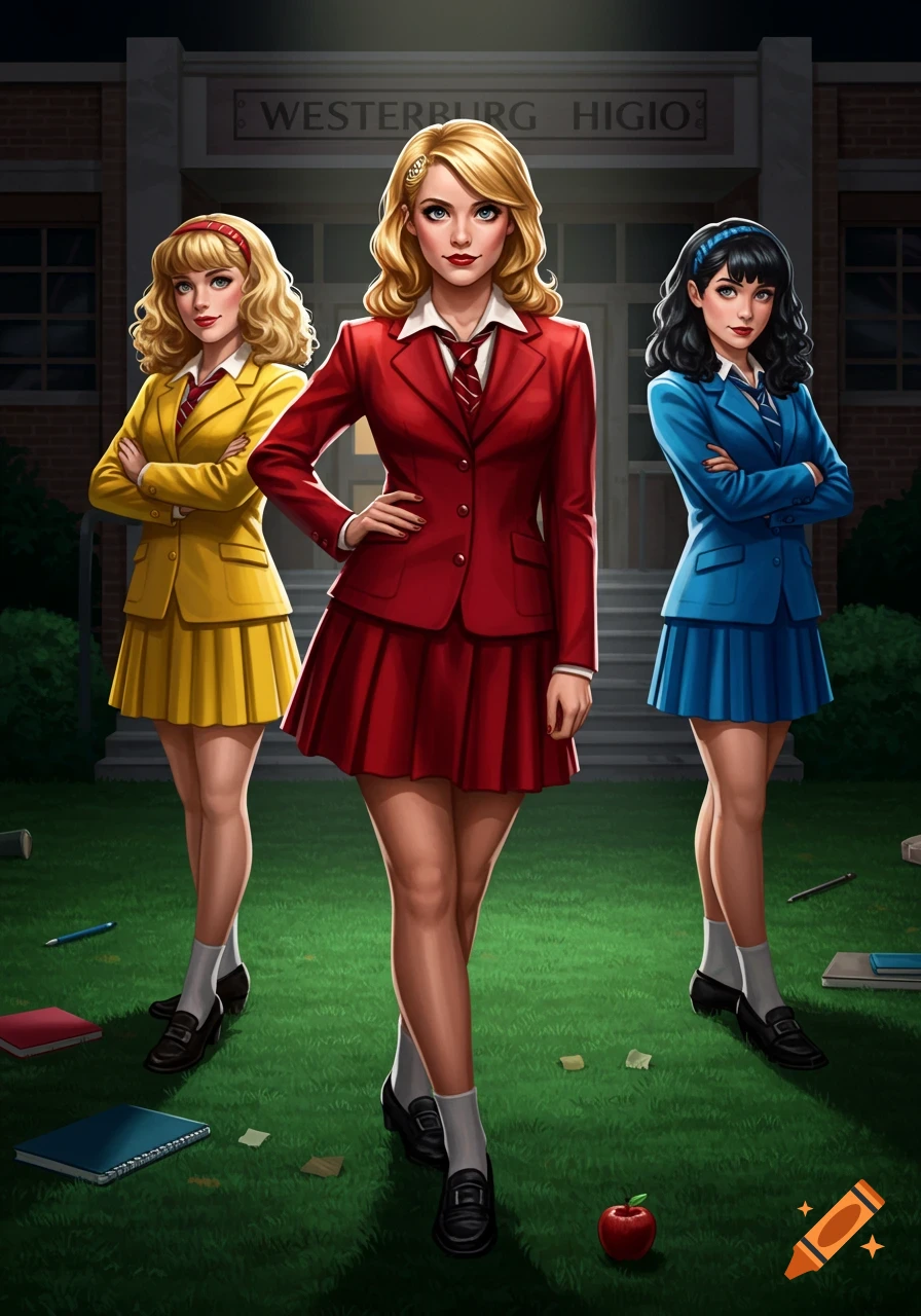 Three women in red, yellow, and blue school uniforms stand on a lawn in front of a school building in a stylized illustration.