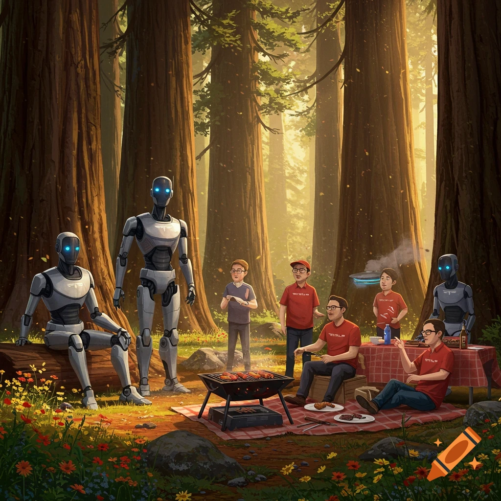 Tesla Optimus robots and engineers enjoy a BBQ picnic in a lush redwood forest, illustrated.