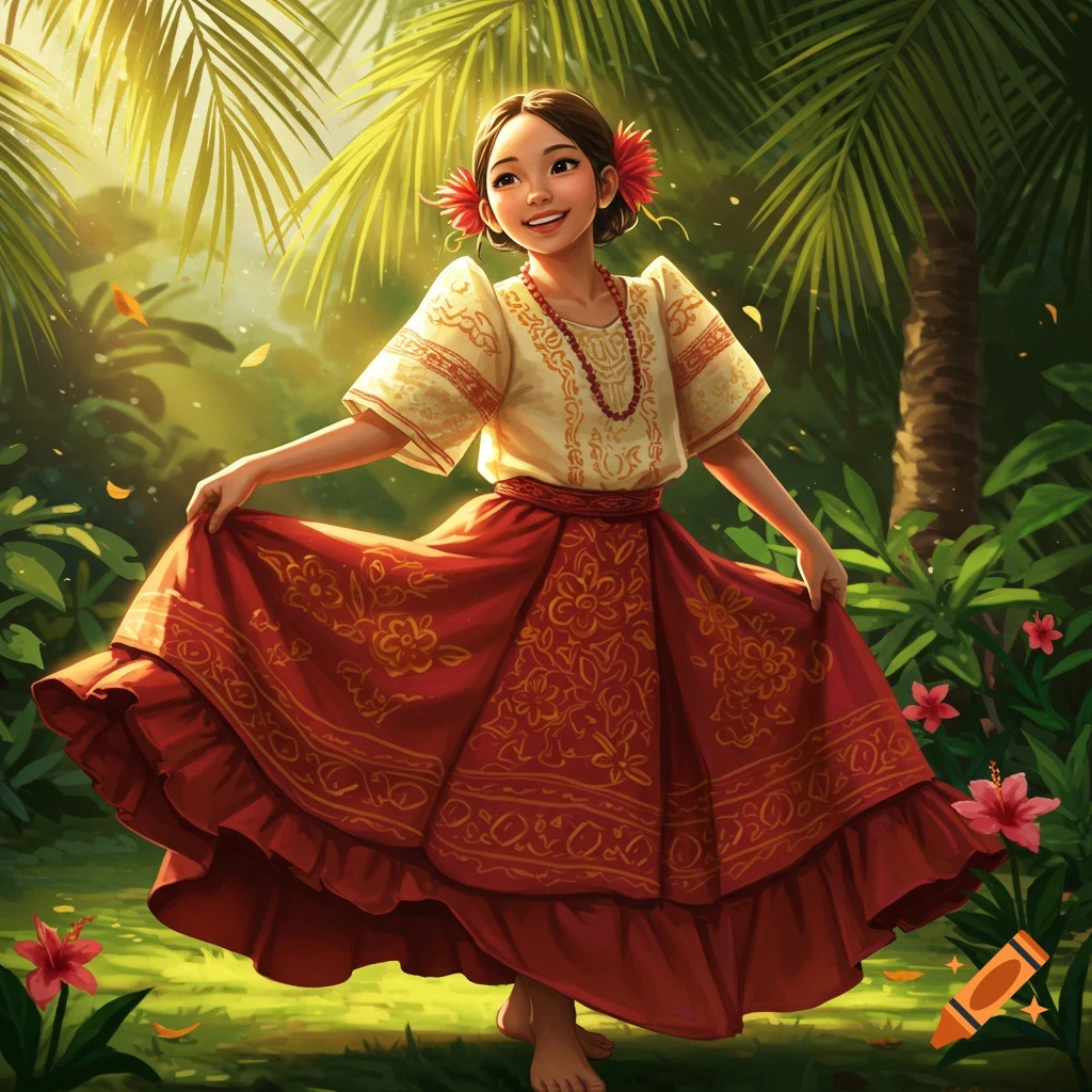 A smiling Filipino girl in traditional attire, a yellow blouse with red embroidery and a red skirt, stands barefoot in a lush tropical forest.
