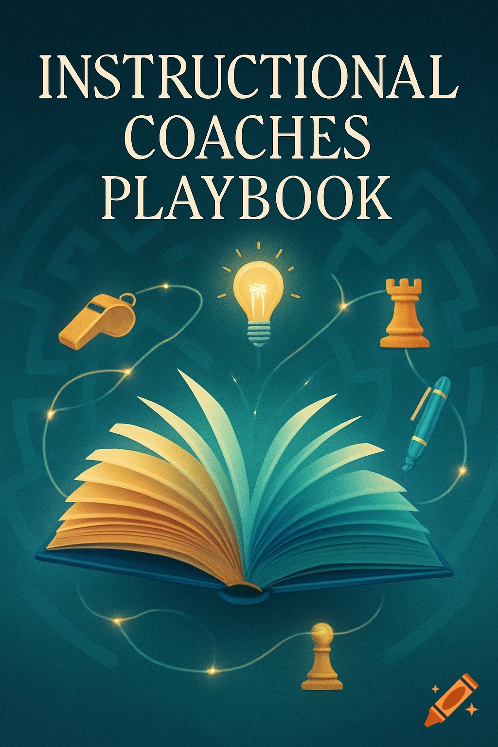 Book cover for 'Instructional Coaches Playbook' with an open book, lightbulb, whistle, chess pieces, and pen on a dark background.