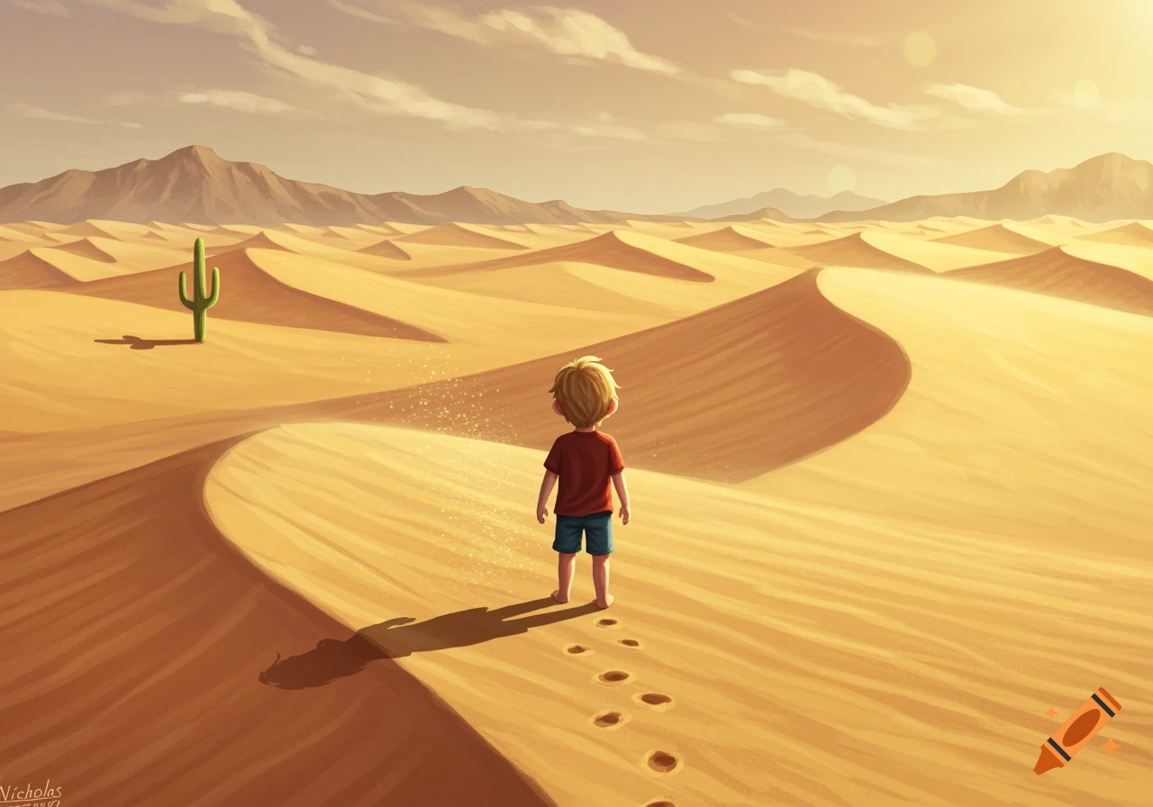 An illustration of a little boy walking away into a vast, sunlit desert with sand dunes, mountains, and a single cactus.