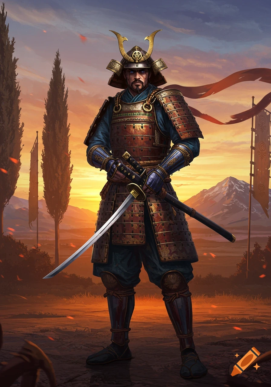 A proud samurai stands armored, holding two swords against a dramatic sunset with mountains and cypress trees, digital art.