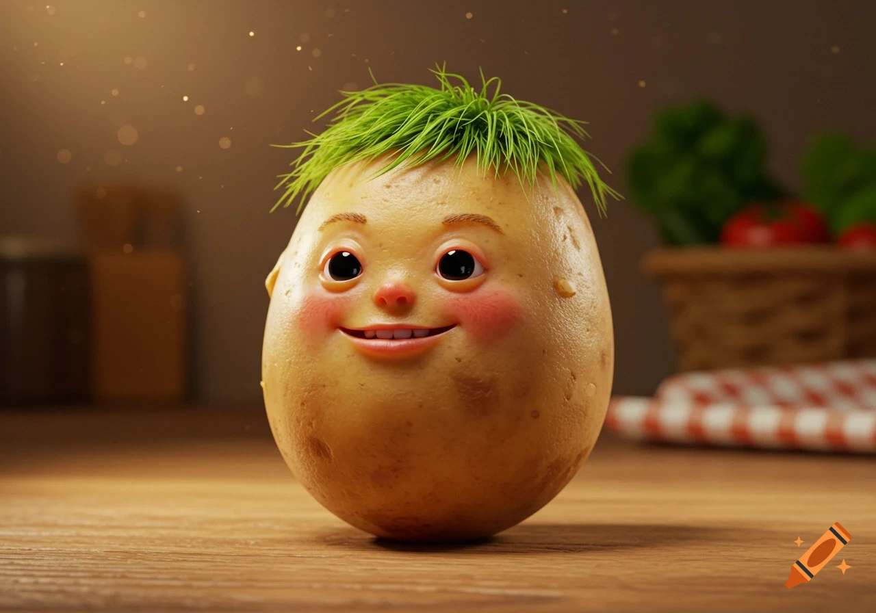 A cute, anthropomorphic potato with a smiling face and bright green hair stands on a wooden table, with kitchen items blurred in the background.