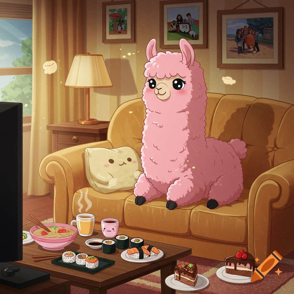 Anime-style cute pink llama sitting on a cozy couch with ramen, sushi, cake, and drinks on a coffee table.