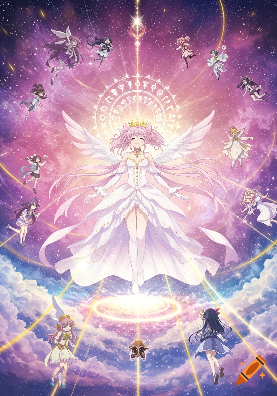 An anime god empress with pink hair and white wings hovers in a starry galaxy, surrounded by other magical girls and glowing magical circles.