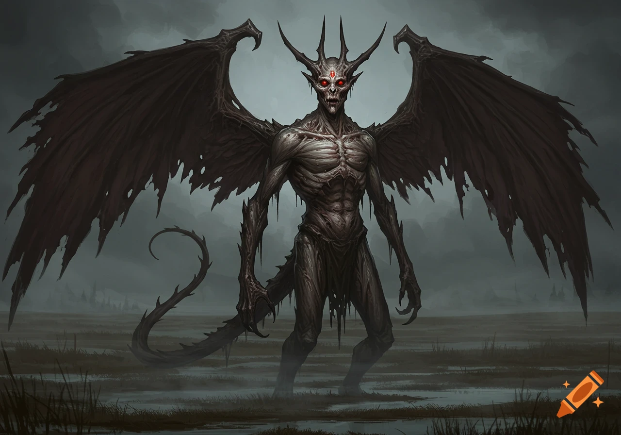 A monstrous, pale creature with glowing red eyes, multiple horns, torn bat-like wings, and a spiky tail stands in a misty, dark swamp.