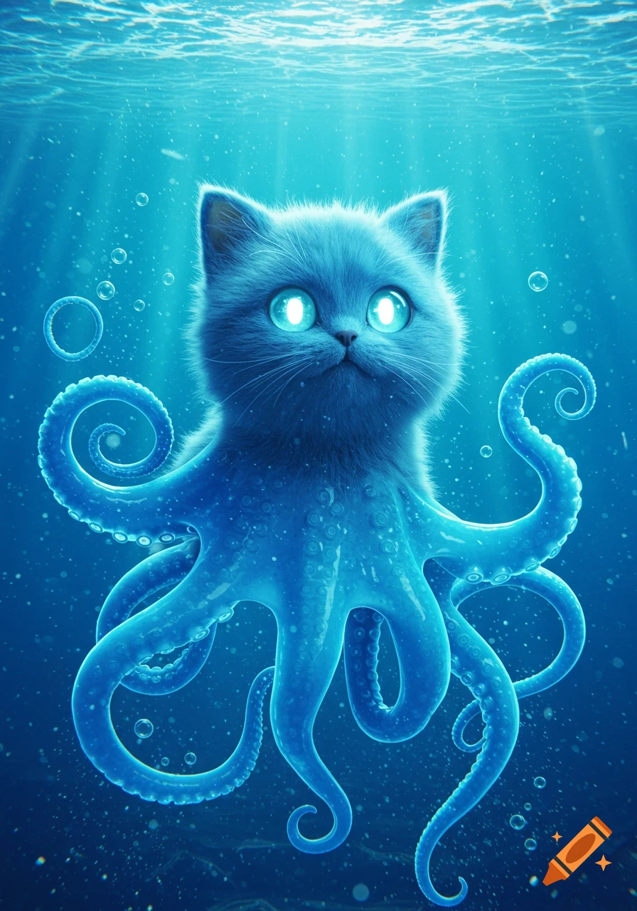 A fluffy blue cat with large, glowing eyes and blue octopus tentacles swims in bright blue underwater with bubbles and light rays.