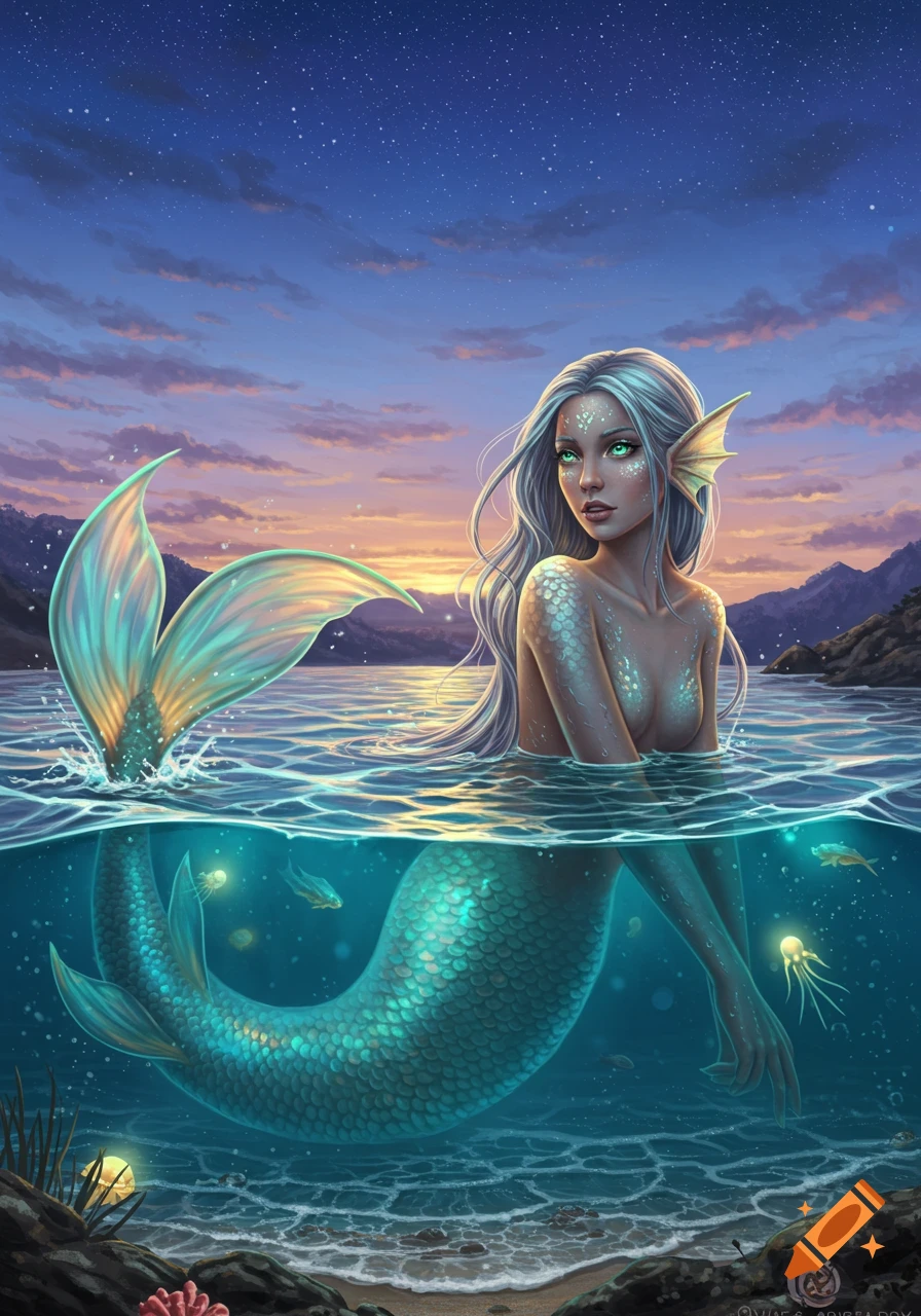 A beautiful mermaid with silver hair and glowing green eyes emerges from the clear ocean water at sunset, her turquoise tail visible below.