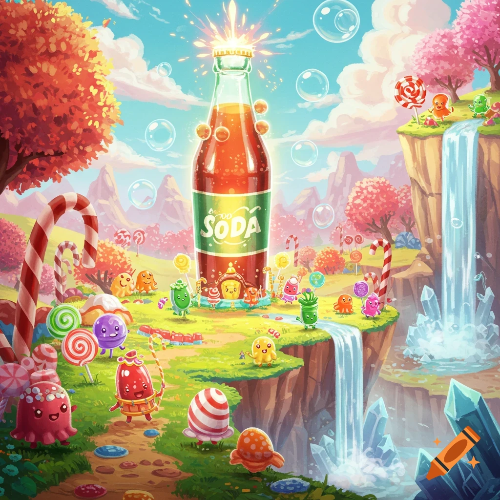 Vibrant cartoon fantasy landscape with a giant soda bottle, candy, waterfalls, and whimsical characters.