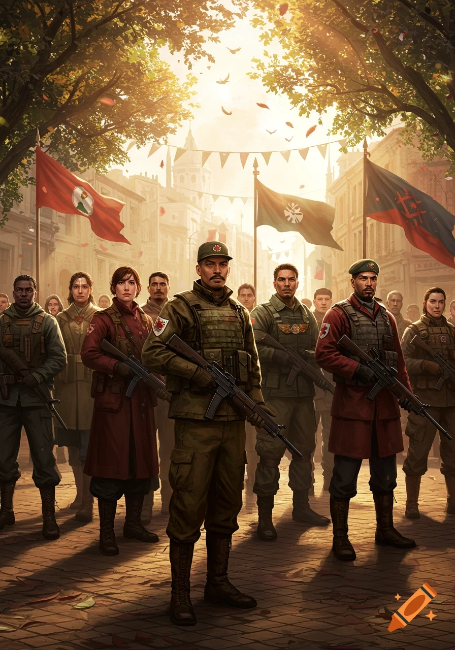A diverse group of citizen soldiers in military uniforms stand in formation, holding rifles on a sunny street with flags and falling leaves.