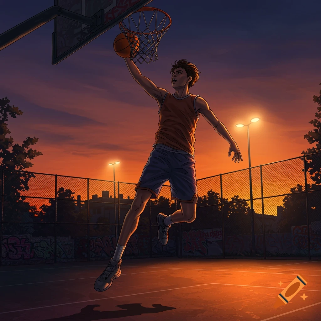 Illustrative image of a male basketball player dunking a ball at sunset on an outdoor court.