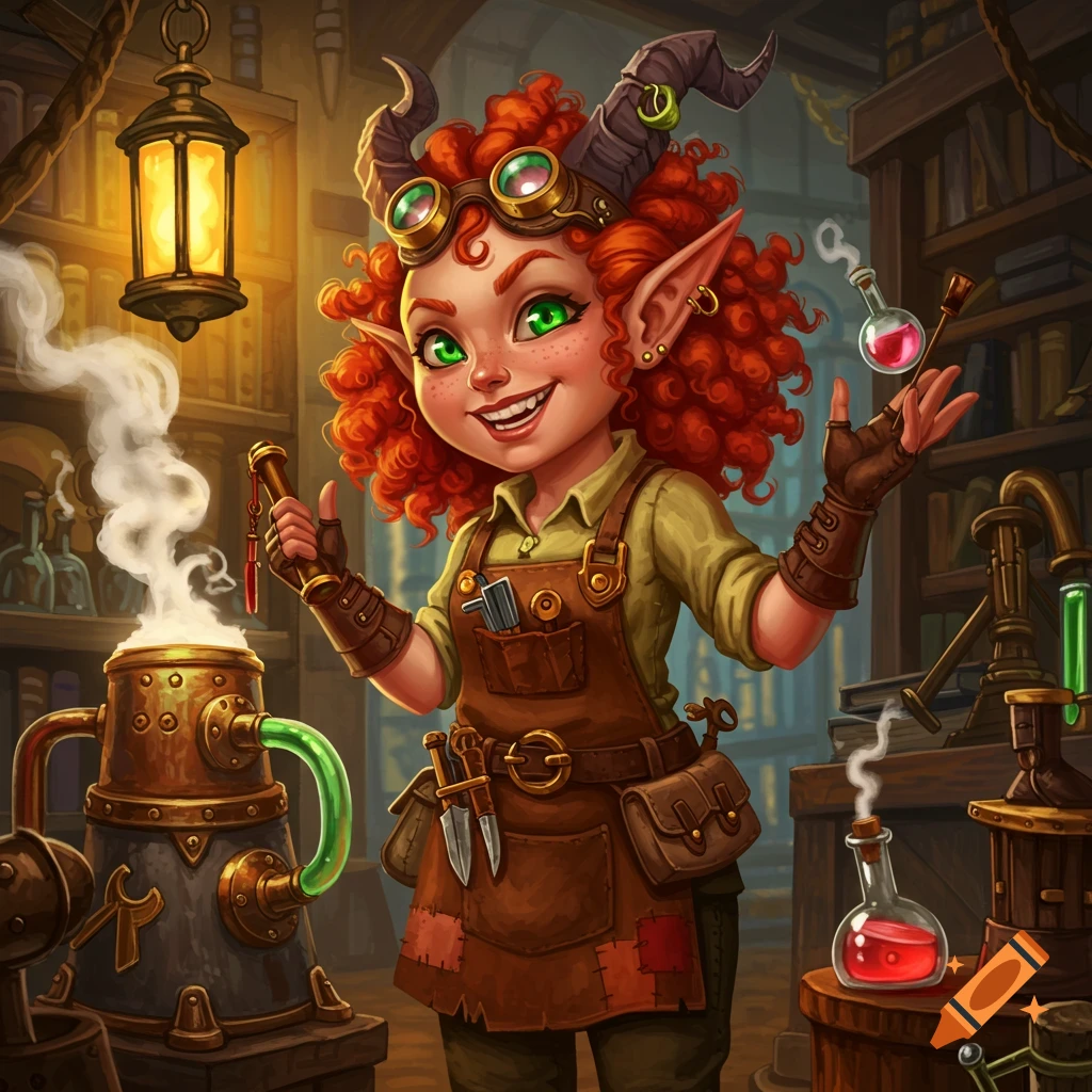 Cartoonish illustration of a quirky red-headed half-elf artificer with horns in a steampunk lab, holding a tool and a potion.