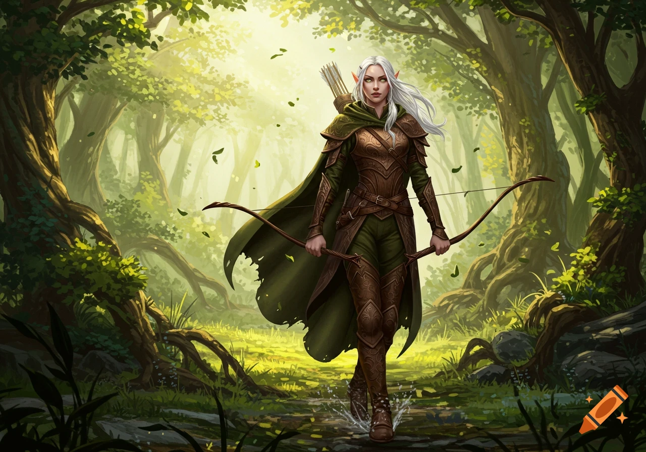White-haired female elf ranger in leather armor and green cape walks through a sunlit forest, holding a longbow.