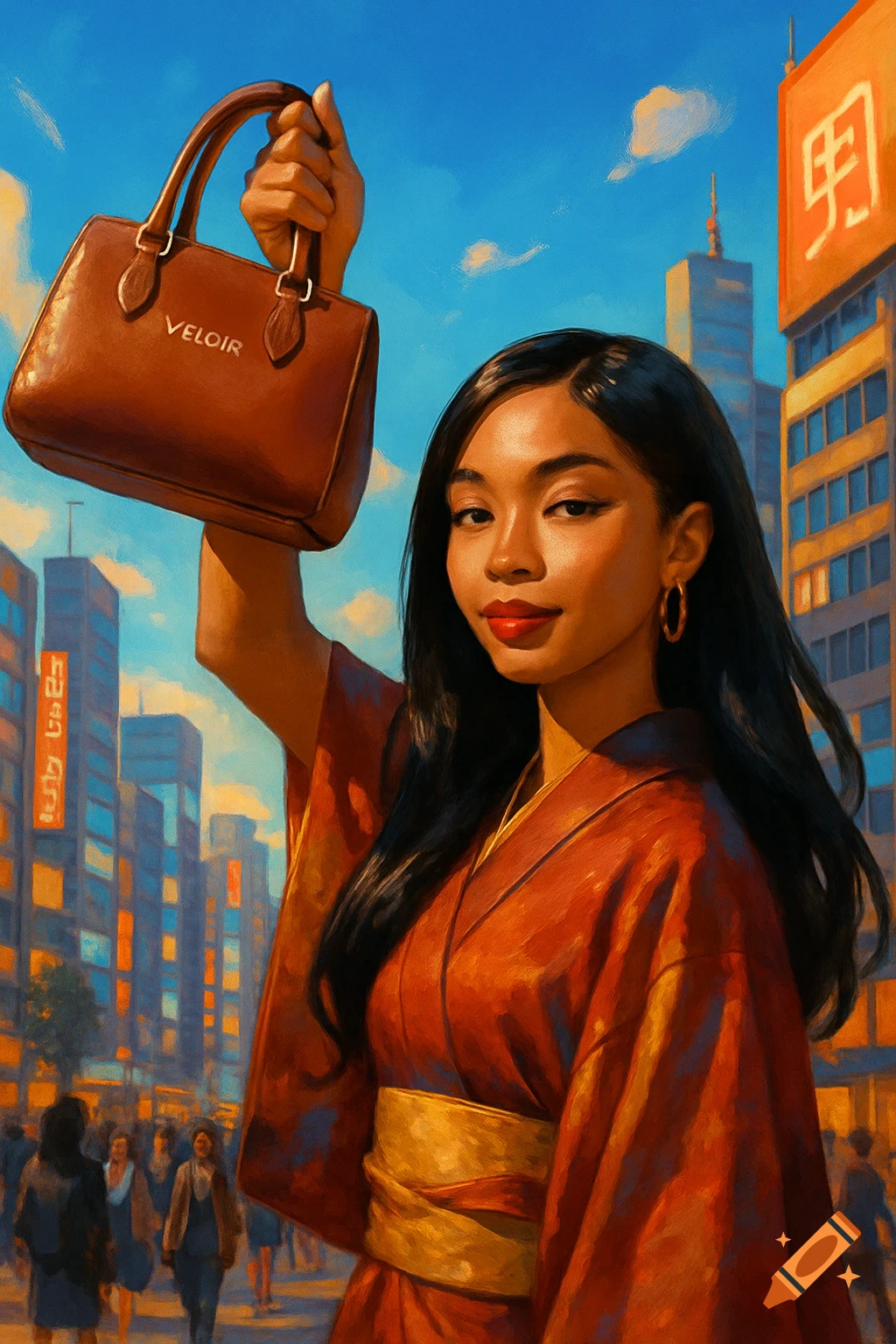 A woman in a red kimono holds a brown 'VELOIR' handbag up in a city street, painted in a stylized manner.