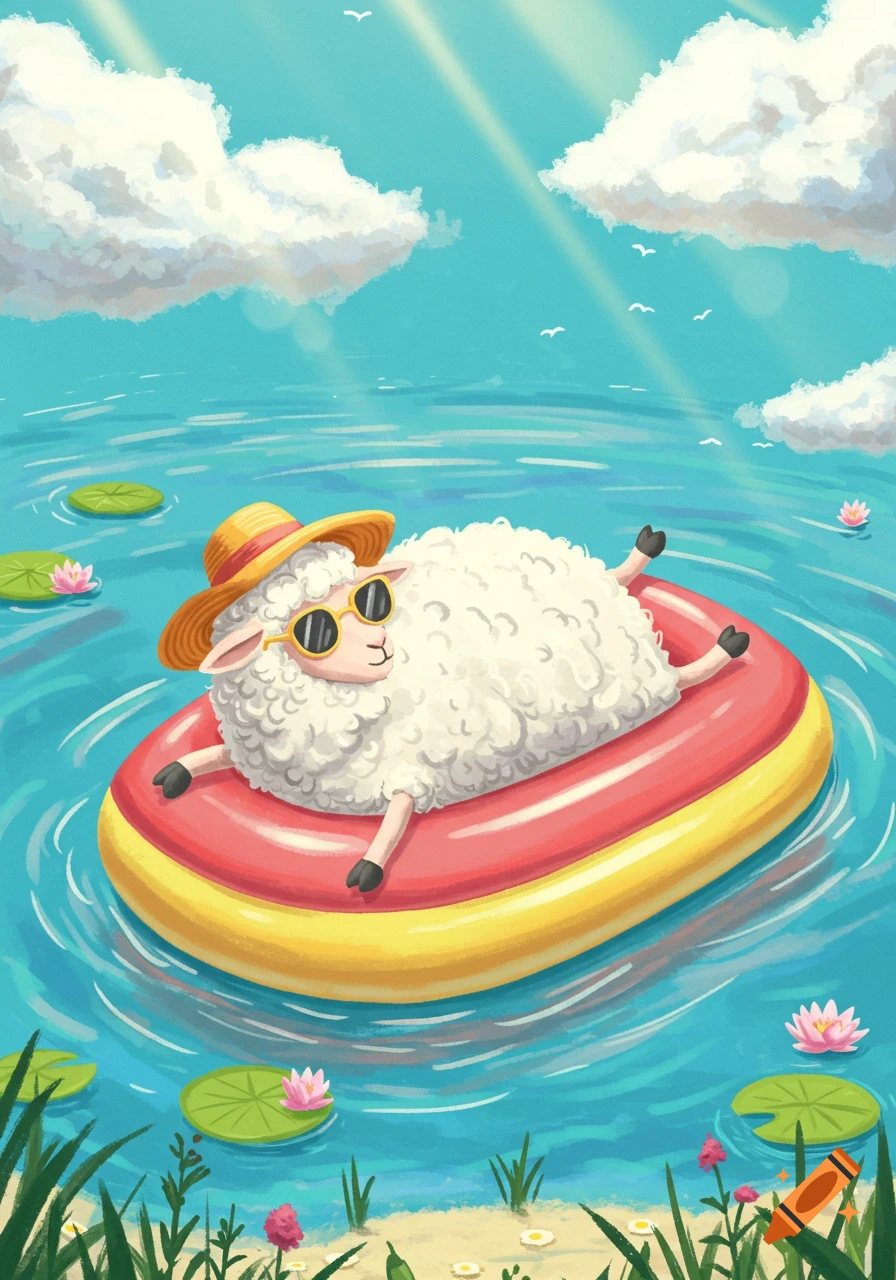 A fluffy white cartoon sheep wearing sunglasses and a straw hat floats on a red and yellow inflatable raft in a blue lake with lily pads and clouds.