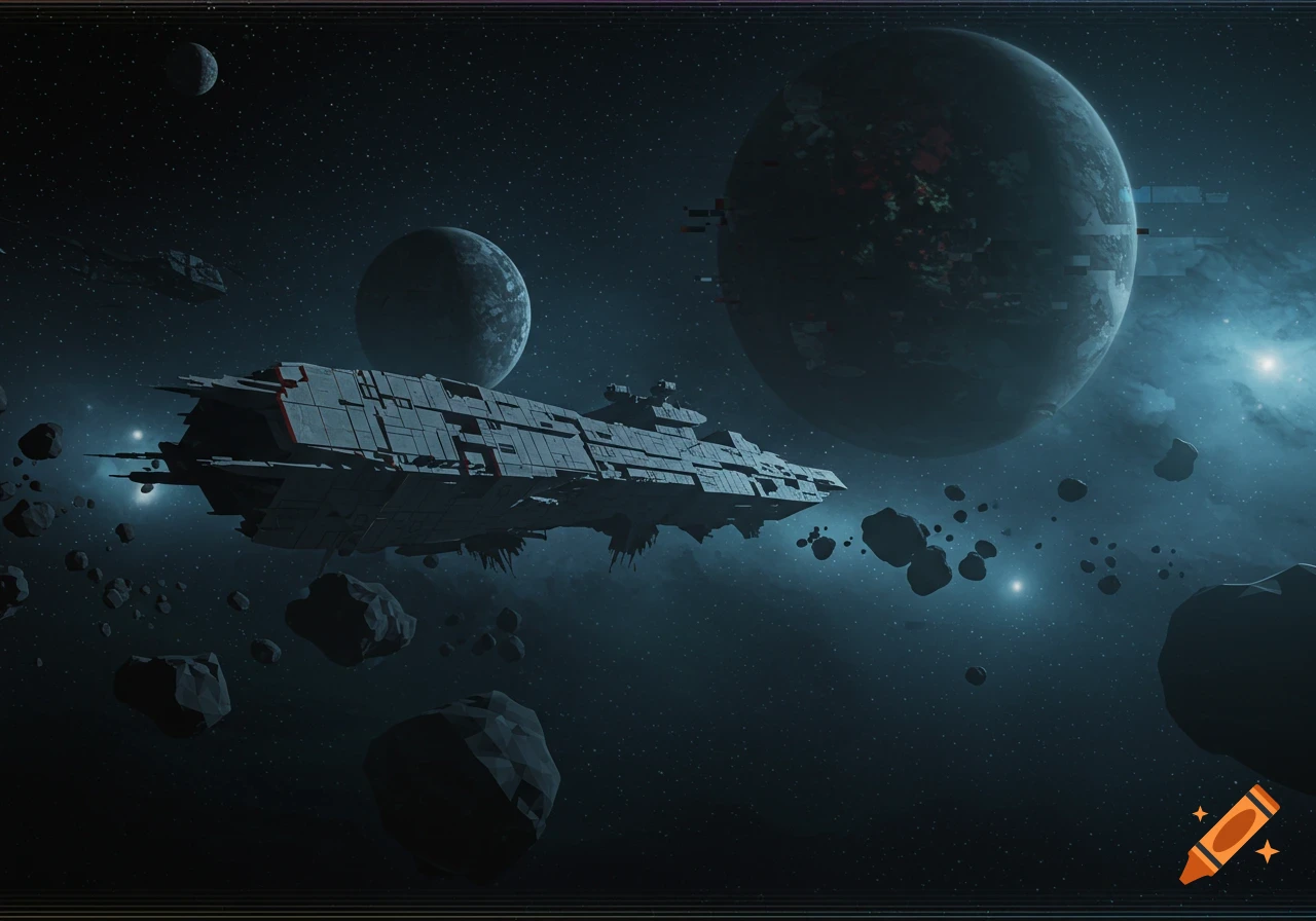 A large, blocky spaceship navigates a dark, star-filled space with planets and asteroids, in retro PS1 graphics.