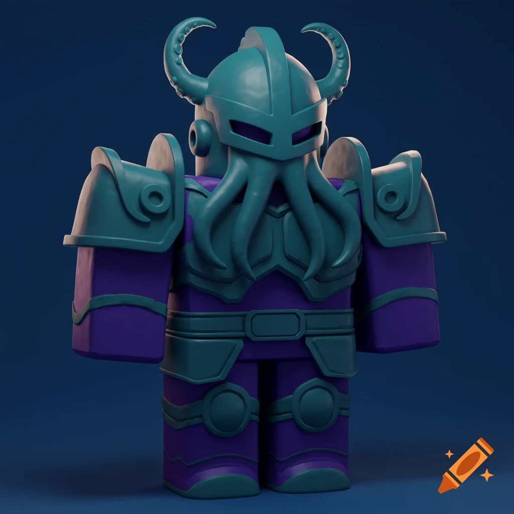 A purple block-style character wearing teal kraken armor and helmet on a dark blue background.