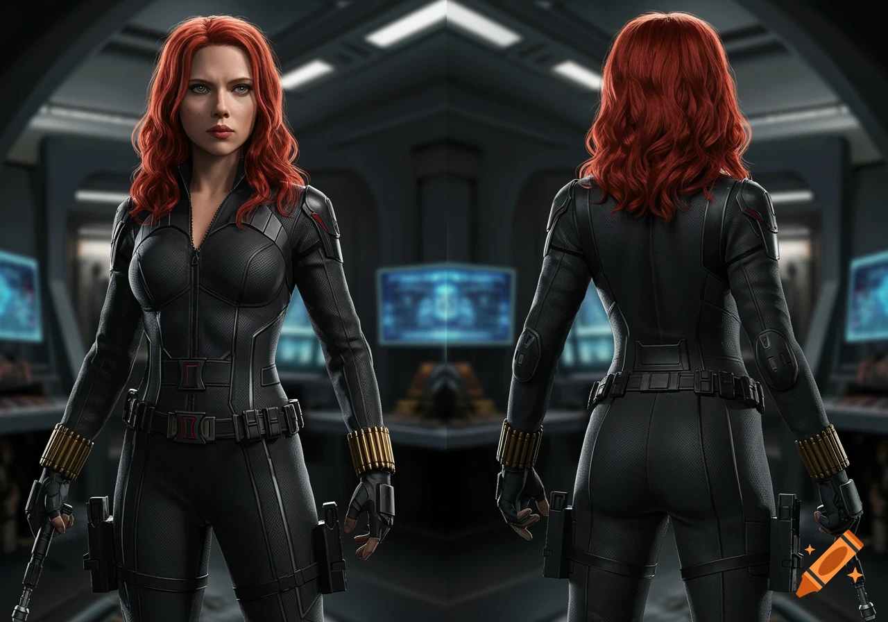 A photorealistic depiction of Black Widow in her black tactical suit, shown from front and back, in a futuristic setting.